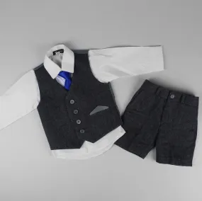 Baby Boys Charcoal Tweed Suit - Shorts, Shirt, Waistcoat, Tie