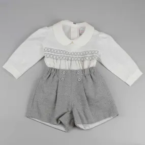 Baby Boys Grey Shorts with White Smocked Shirt
