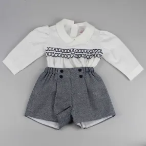 Baby Boys Navy Shorts with White Smocked Shirt