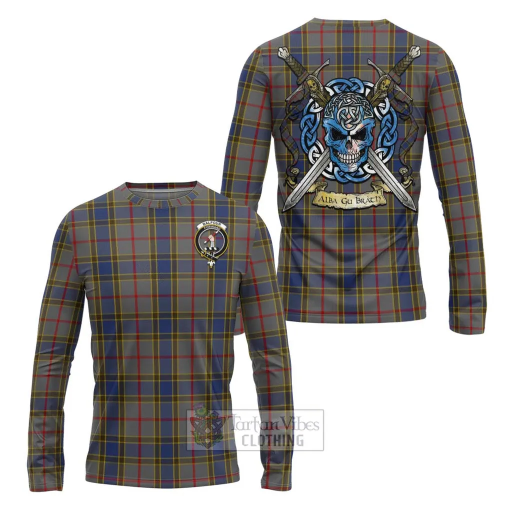 Balfour Tartan Long Sleeve T-Shirt with Family Crest Celtic Skull Style