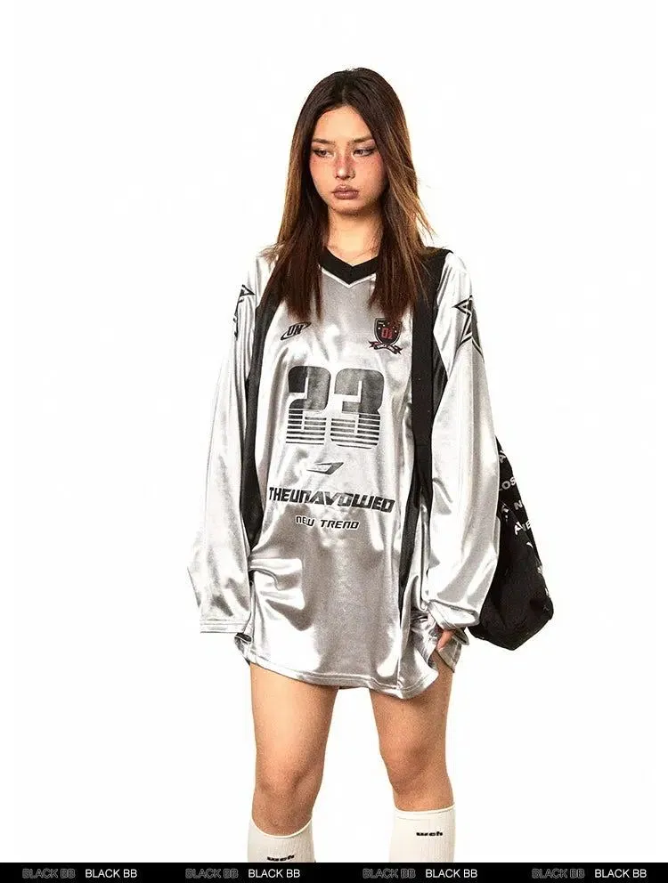 BB Shiny Print V-Neck Long Sleeve T-Shirt