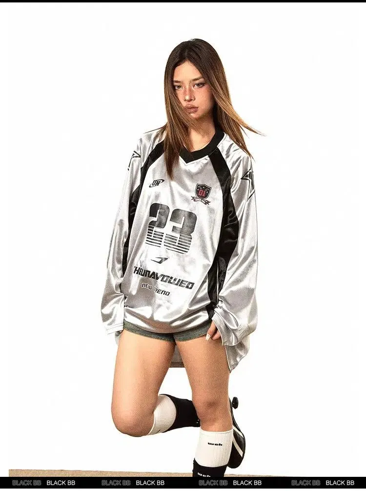 BB Shiny Print V-Neck Long Sleeve T-Shirt