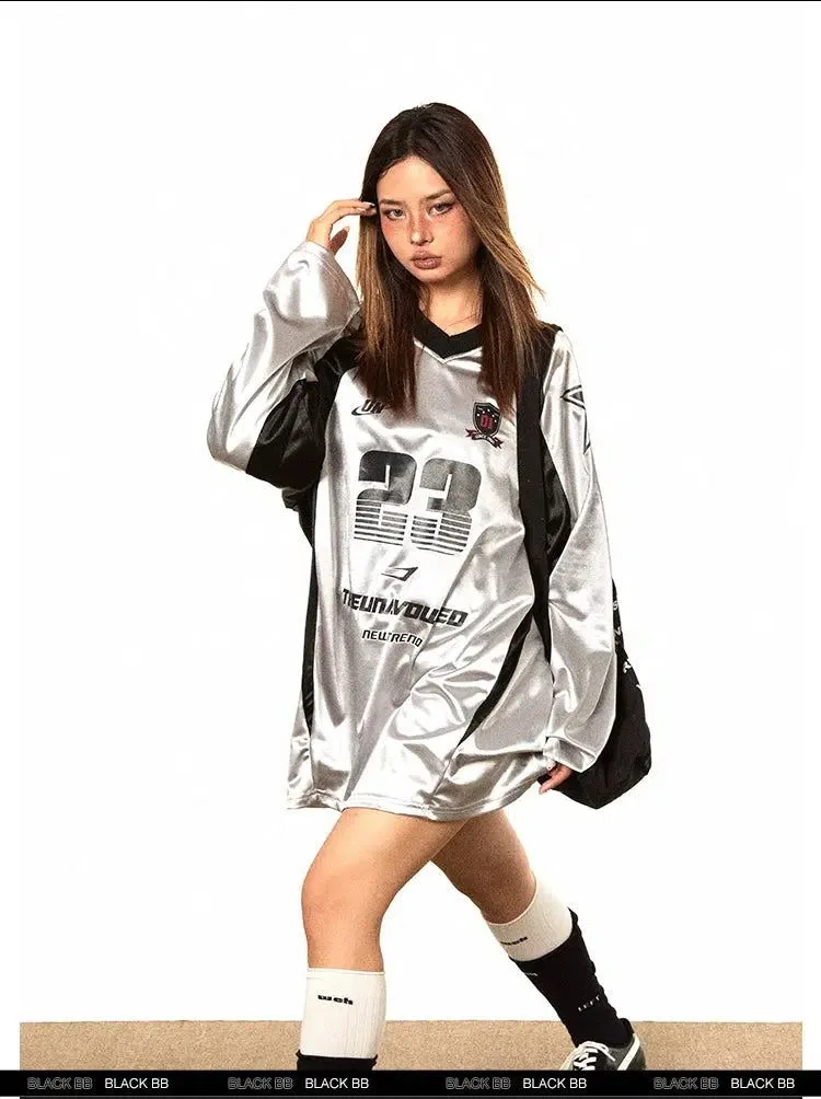 BB Shiny Print V-Neck Long Sleeve T-Shirt
