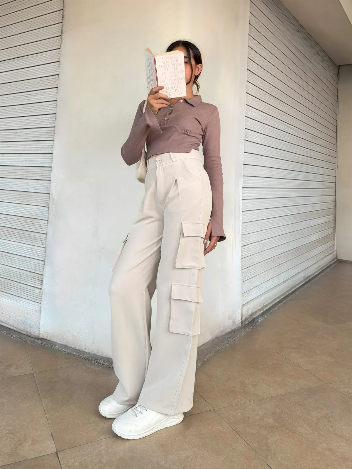 Beige Cargo Wide Leg Korean Pants