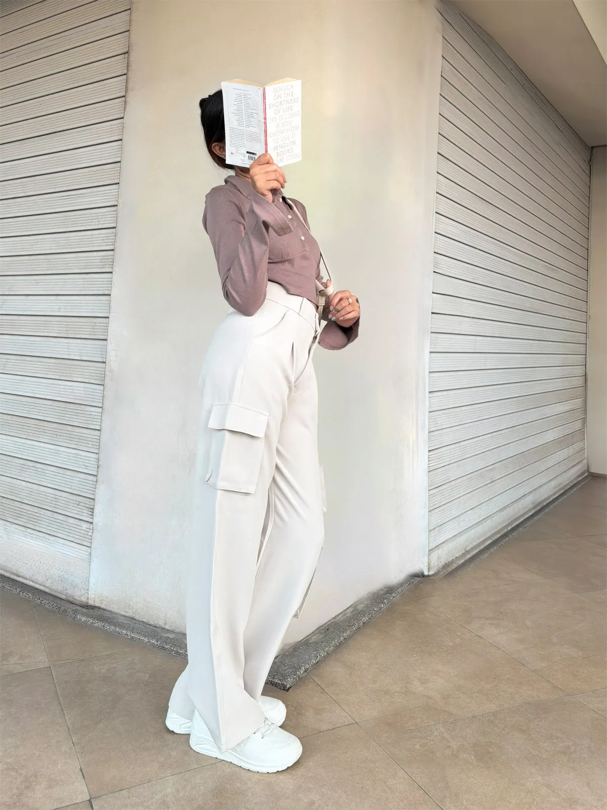 Beige Cargo Wide Leg Korean Pants