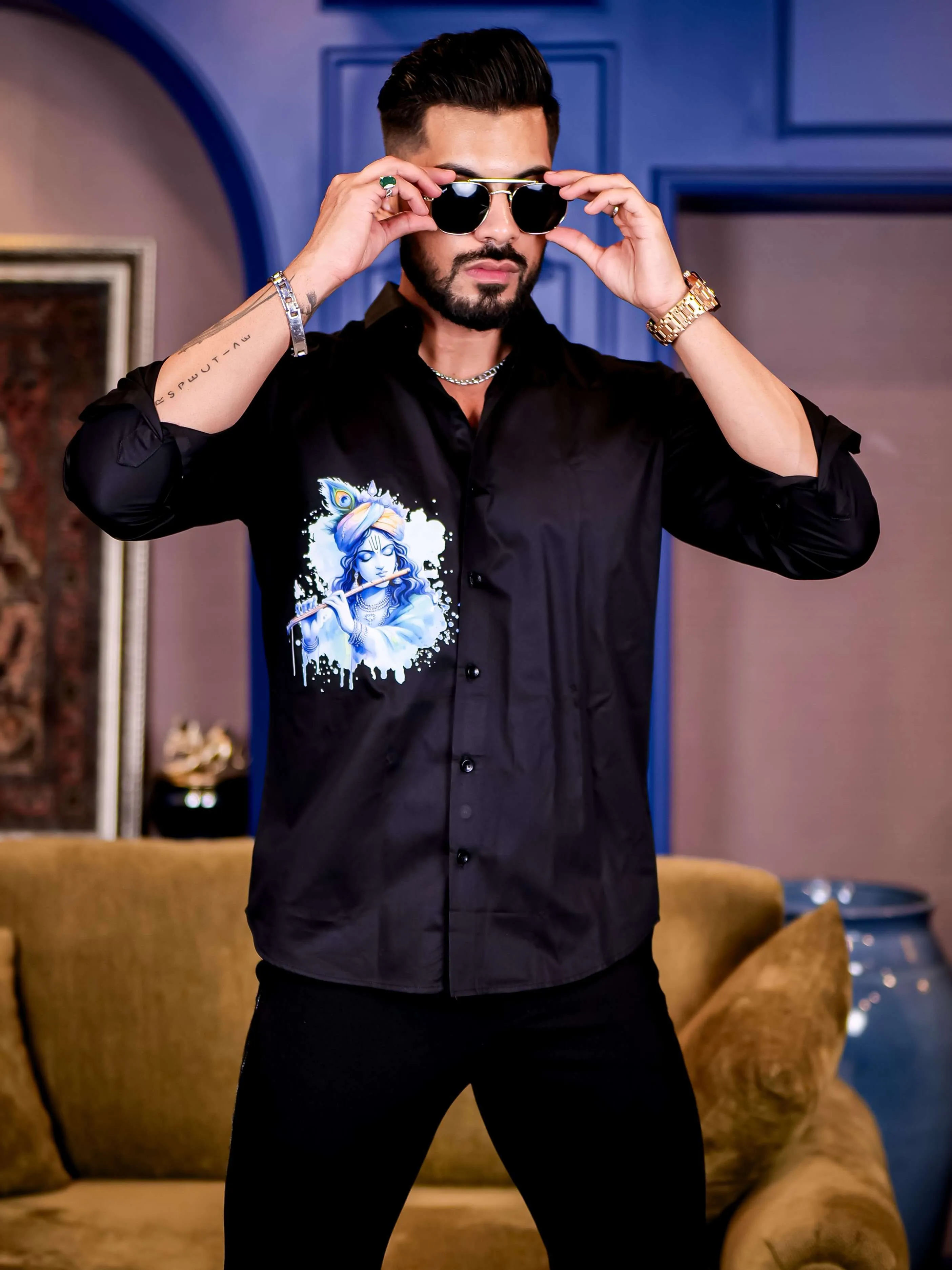 Black God Murlidhar Printed Satin Cotton Shirt