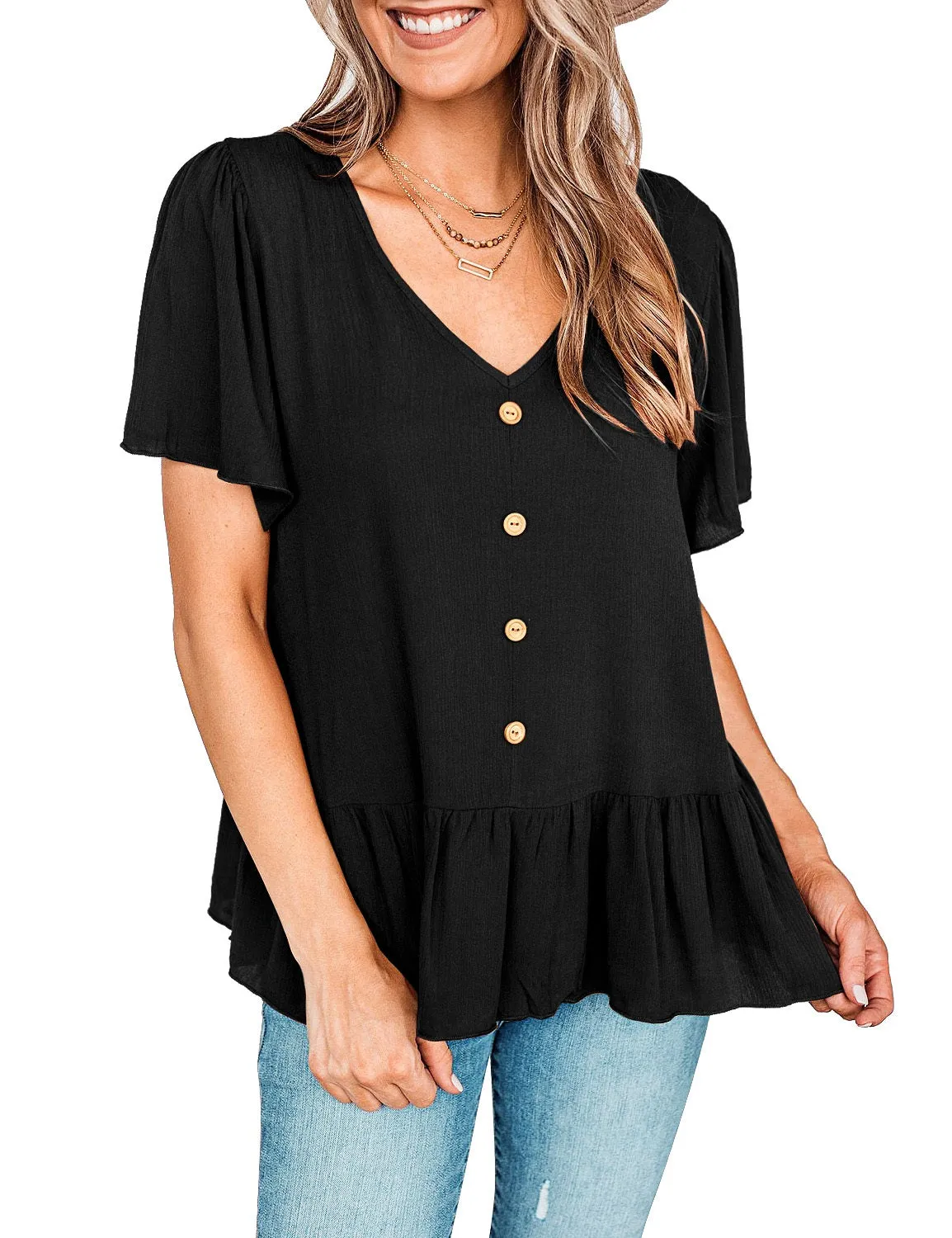 Black V-Neckline Buttons Loose Peplum Top