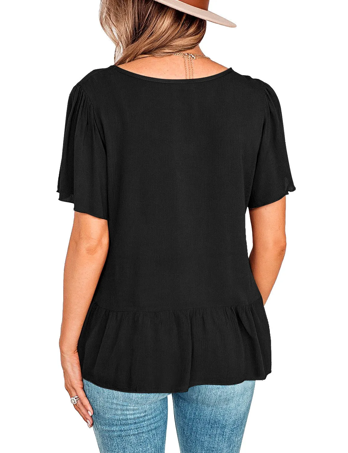 Black V-Neckline Buttons Loose Peplum Top