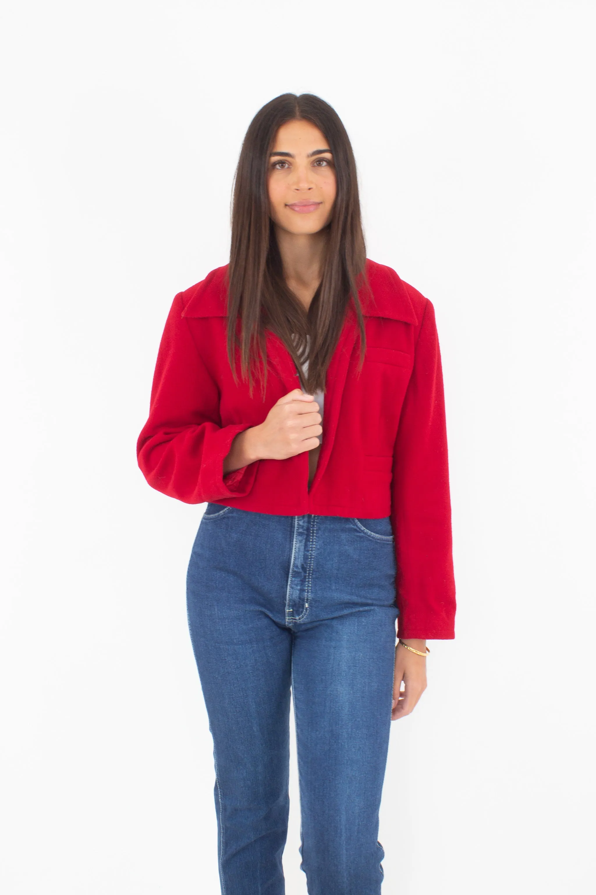Bright Red Cropped Wool Jacket - Size M