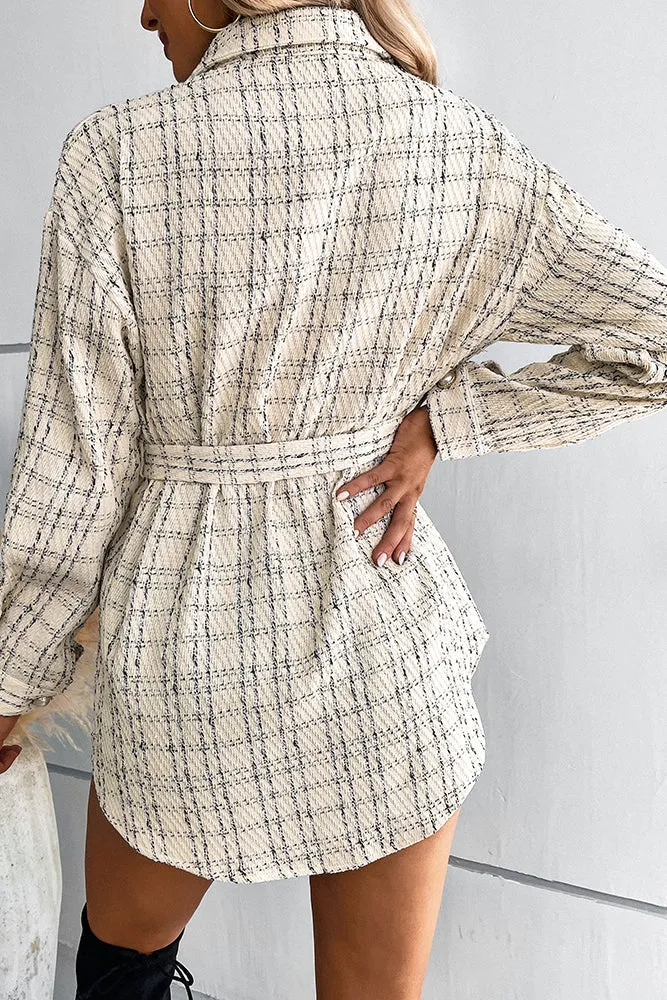 Button Waist Tie Long Plaid Coat with Pockets