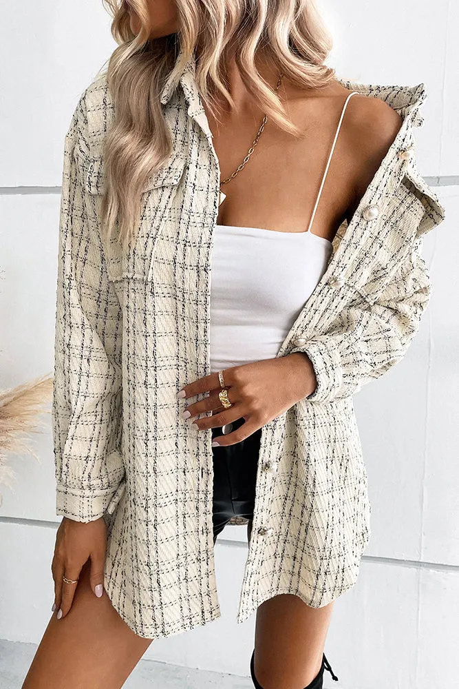 Button Waist Tie Long Plaid Coat with Pockets