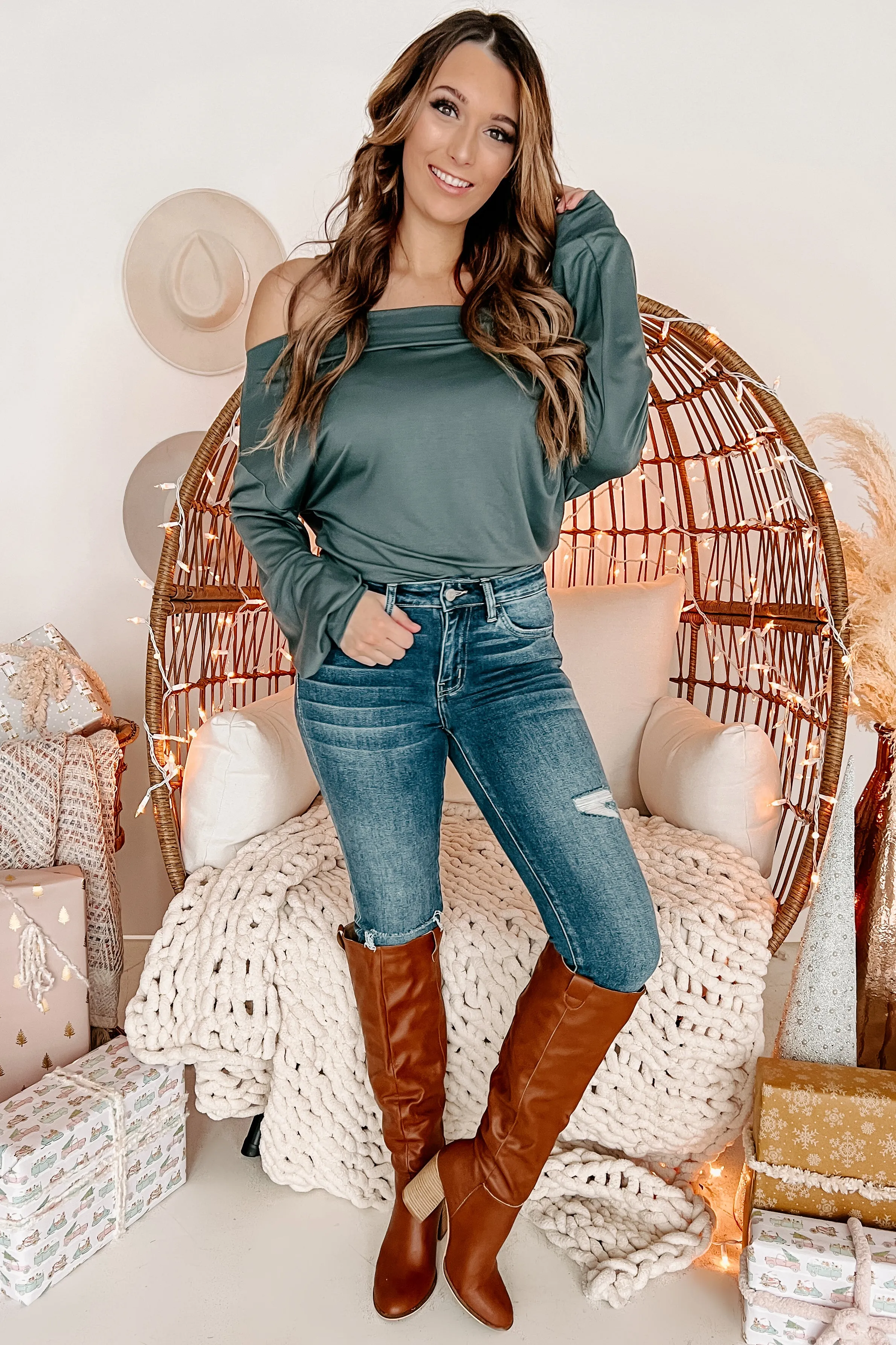 Casually Talking Off The Shoulder Bodysuit (Teal Green)