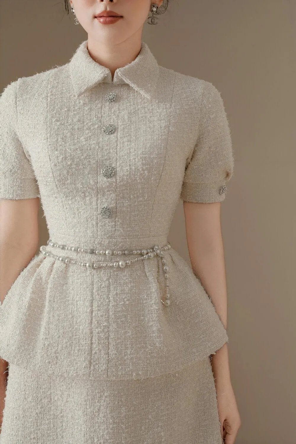 Cerise Peplum Short Sleeved Tweed Top