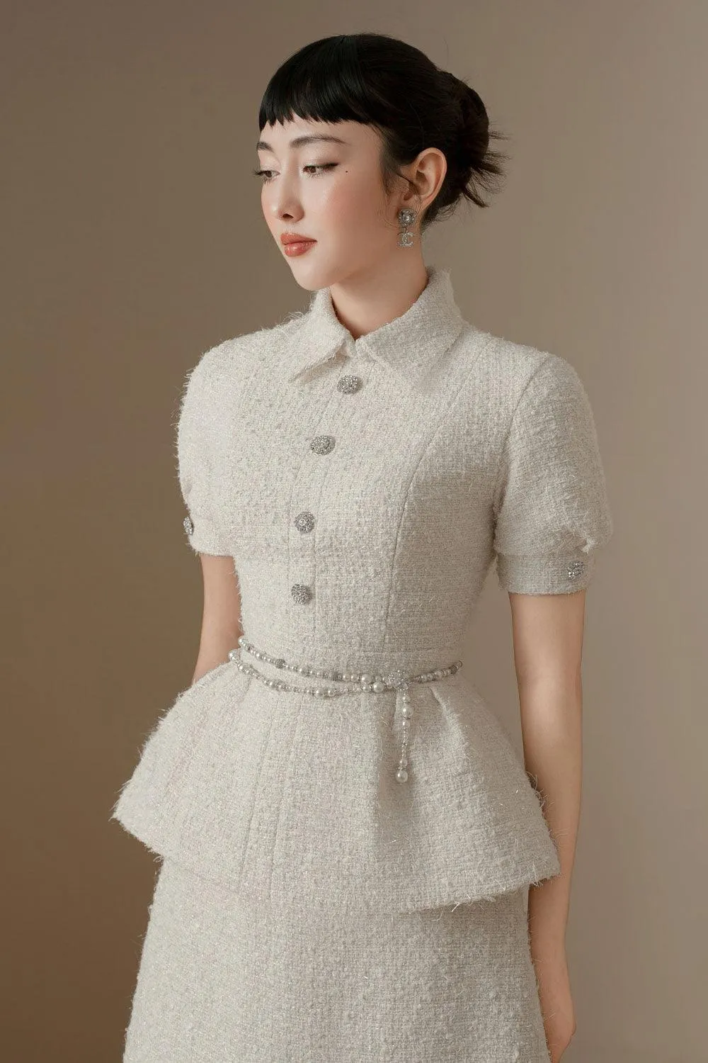 Cerise Peplum Short Sleeved Tweed Top