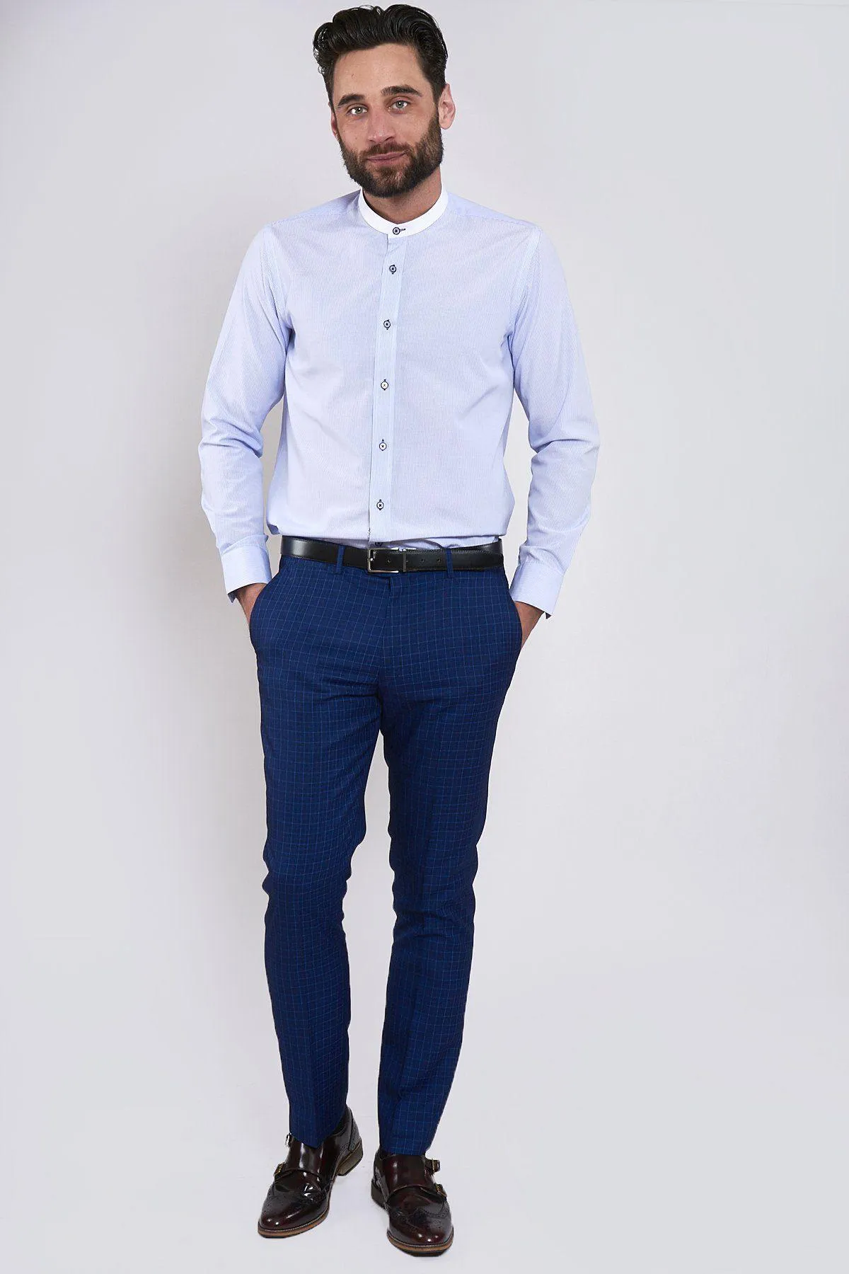 COOPER - Grandad Collar Sky Blue Stripe Shirt