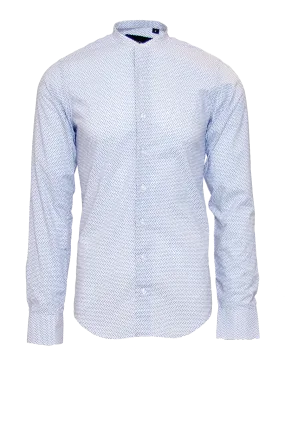 CRISP WHITE W/ BLUE FLORAL DOTTED PRINT FITTED COTTON DRESS HENLEY