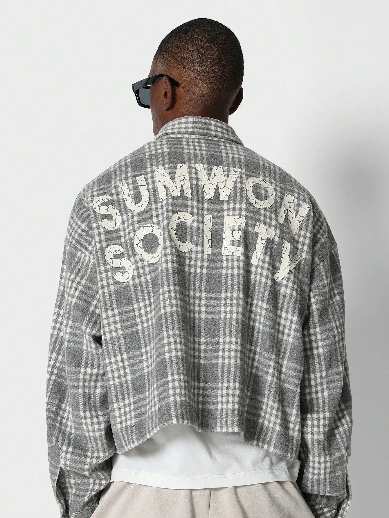Crop Fit Checked Overshirt With Back Graphic Print