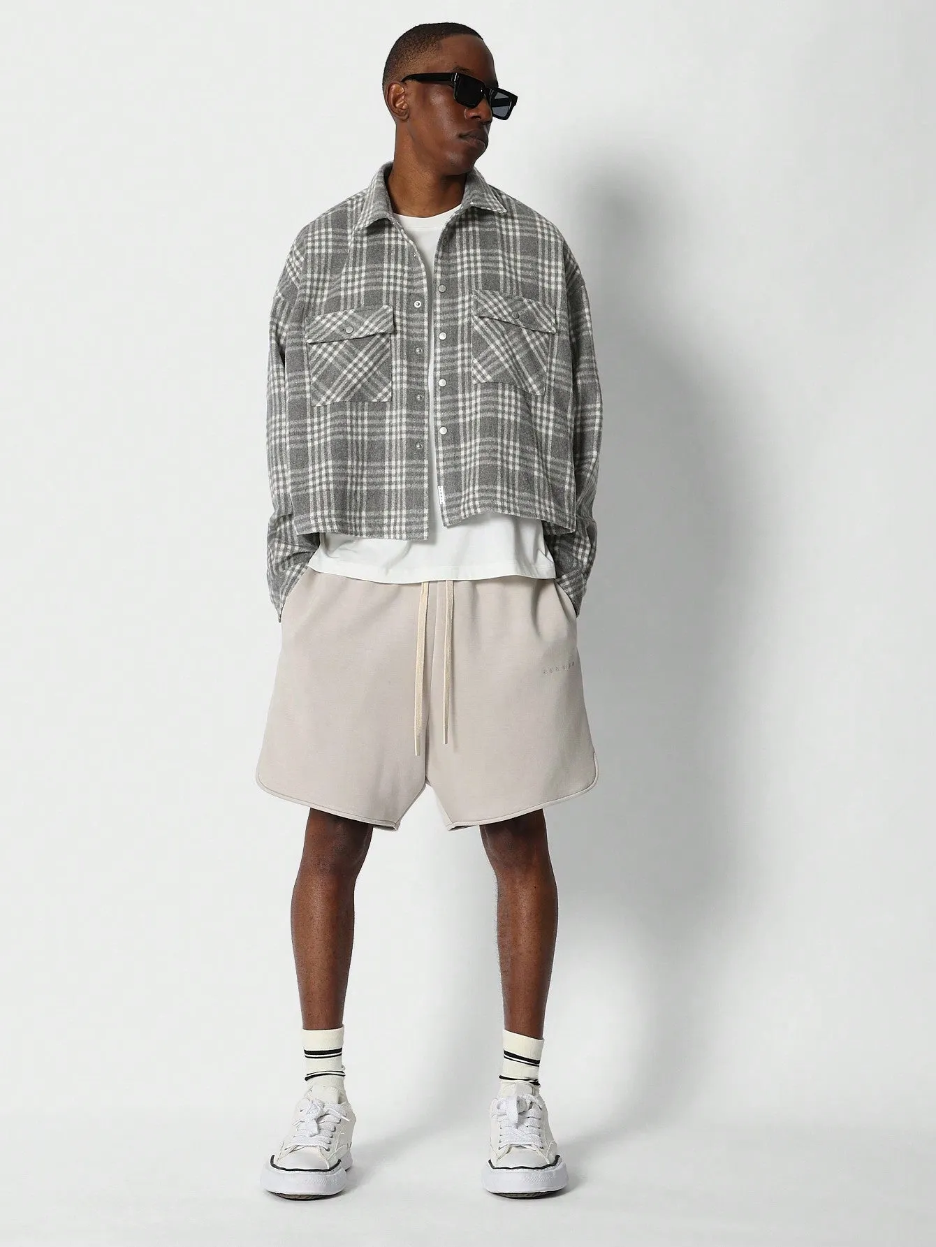 Crop Fit Checked Overshirt With Back Graphic Print