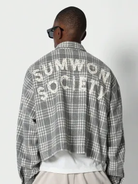 Crop Fit Checked Overshirt With Back Graphic Print