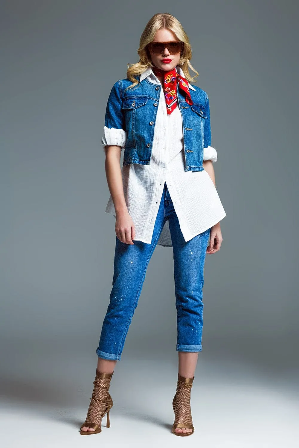 Cropped Denim Jacket Ch Style In Mid Wash