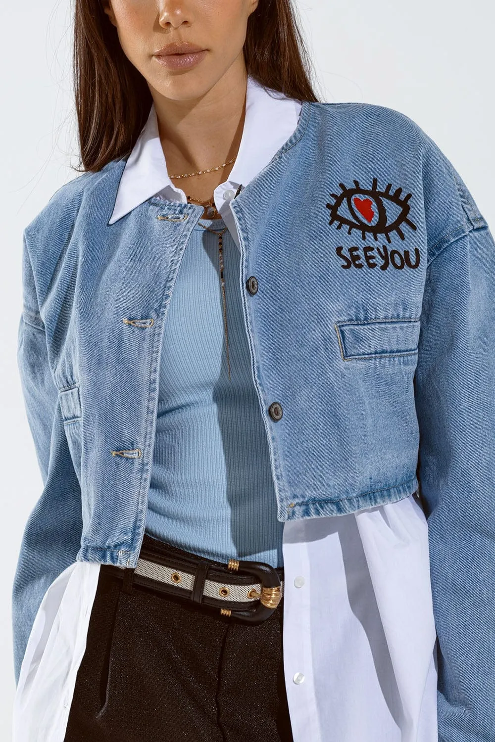 Cropped Denim Jacket With Hand Painted Print At Front And Back
