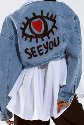 Cropped Denim Jacket With Hand Painted Print At Front And Back
