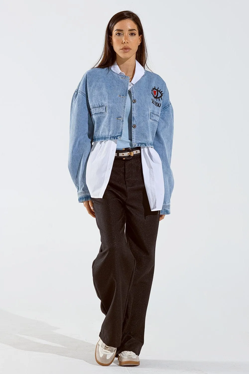 Cropped Denim Jacket With Hand Painted Print At Front And Back