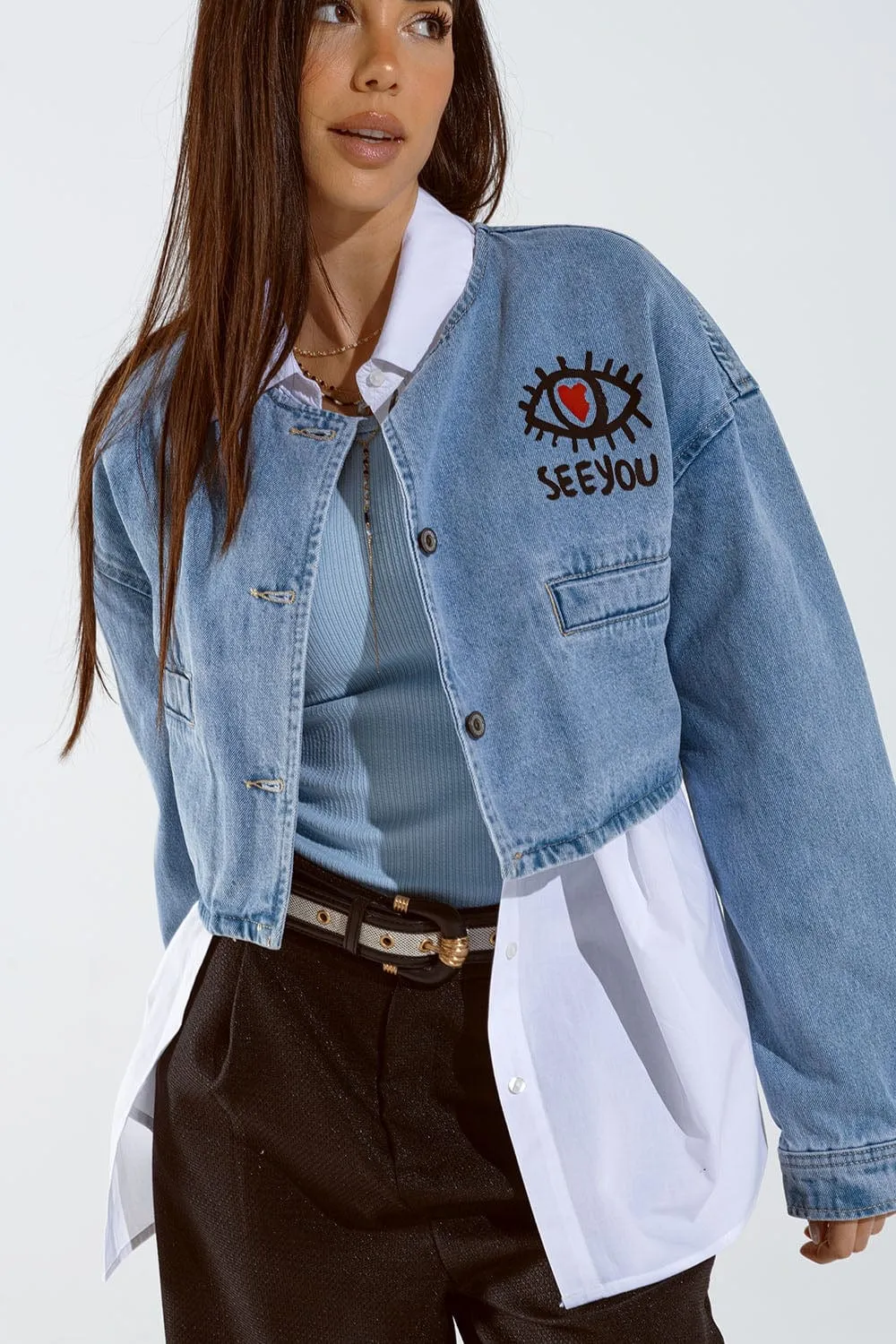 Cropped Denim Jacket With Hand Painted Print At Front And Back