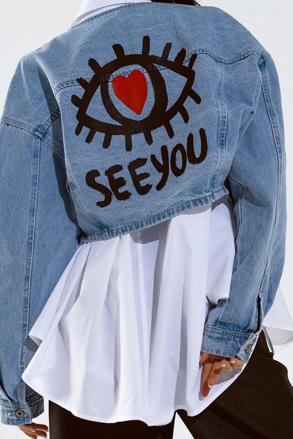 Cropped Denim Jacket With Hand Painted Print At Front And Back