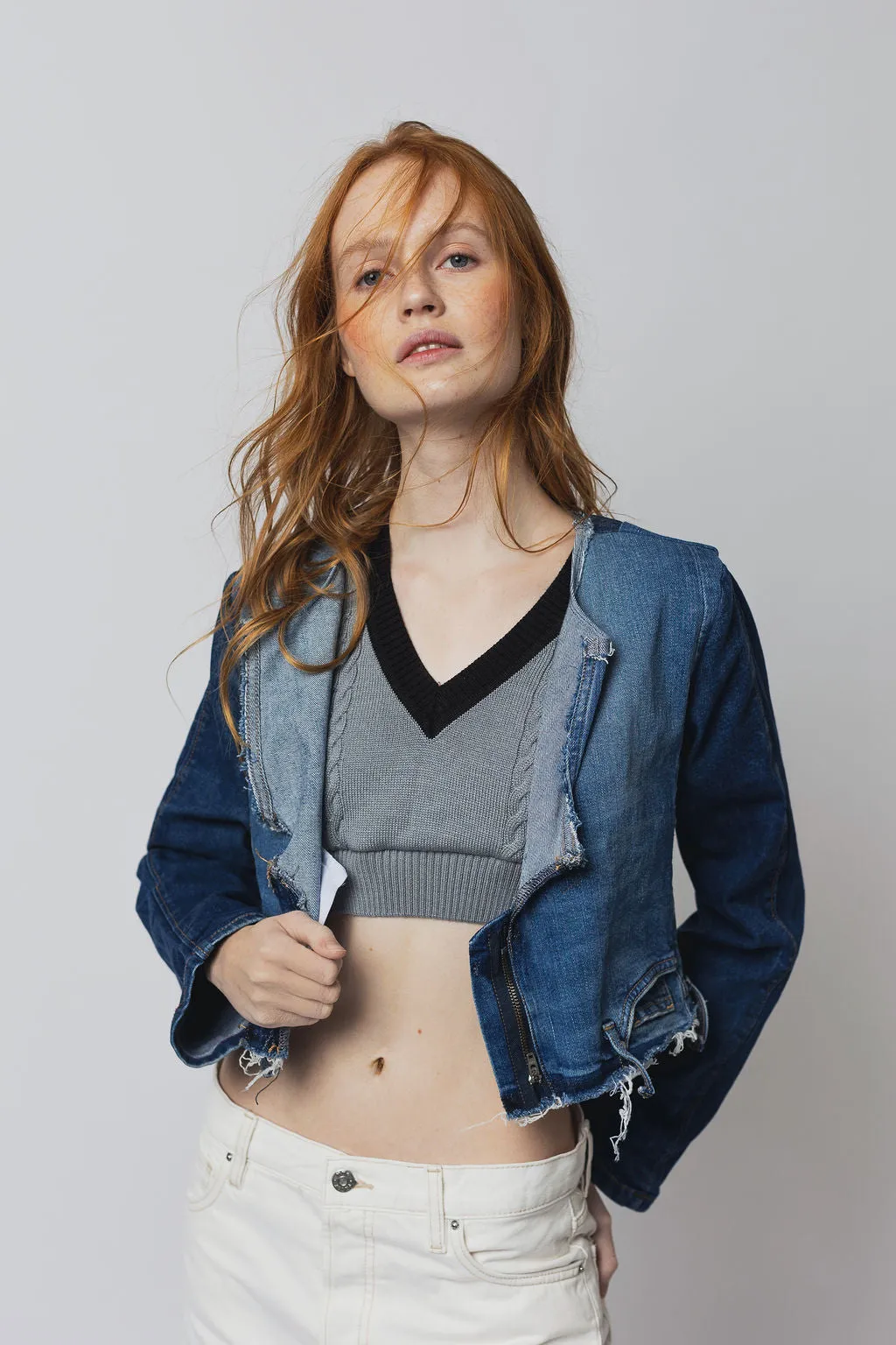 Cropped mixed denim jacket