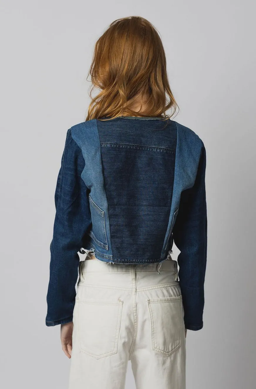 Cropped mixed denim jacket
