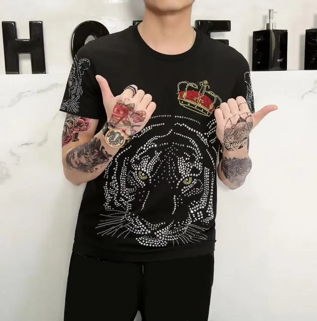 Crowned Tiger Rhinestones Monochrome Men T-Shirt