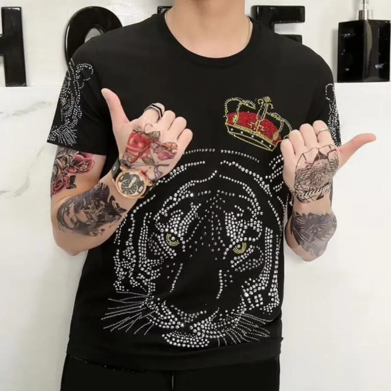 Crowned Tiger Rhinestones Monochrome Men T-Shirt