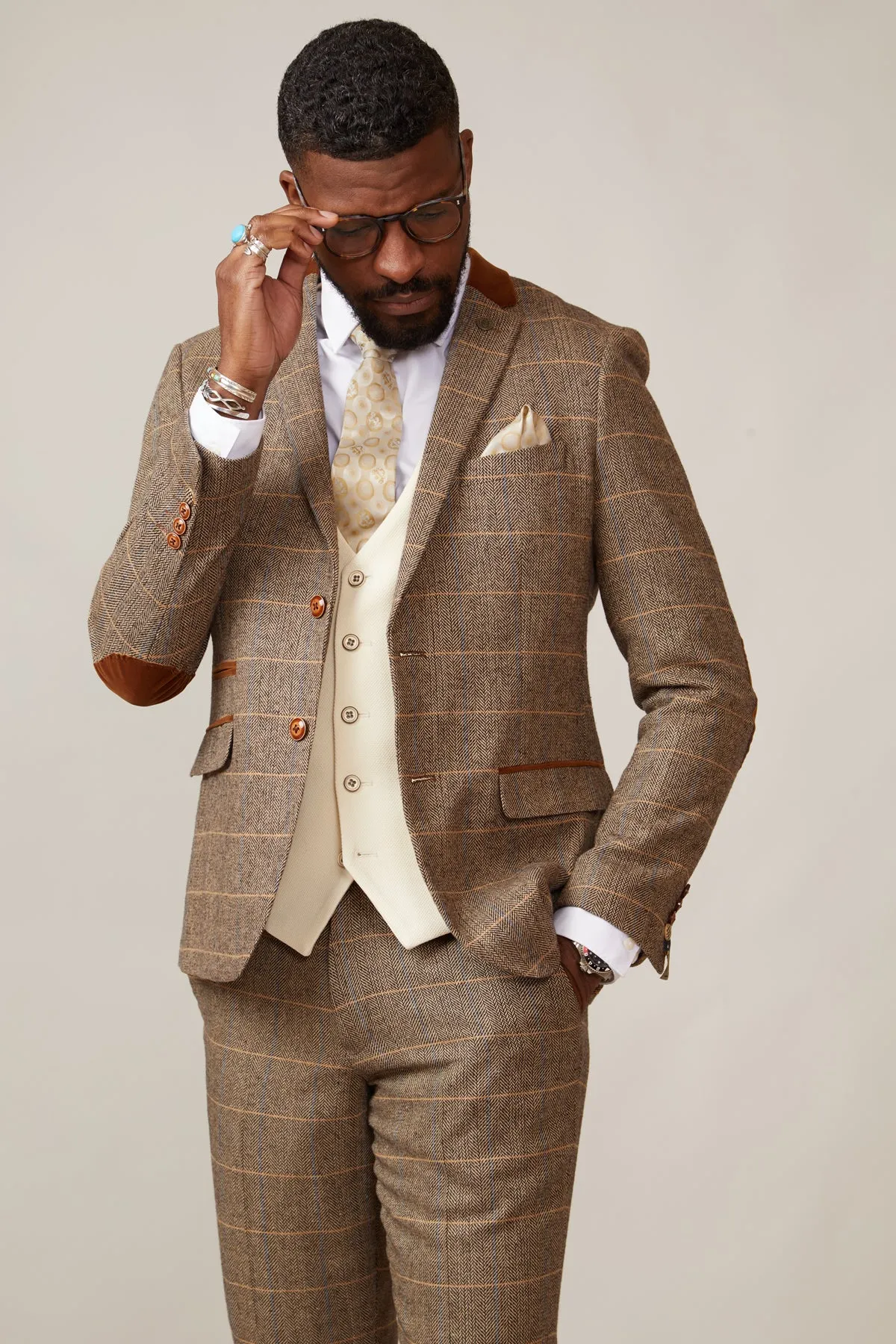 DX7 - Tan Tweed Check Suit With Kelvin Cream Waistcoat
