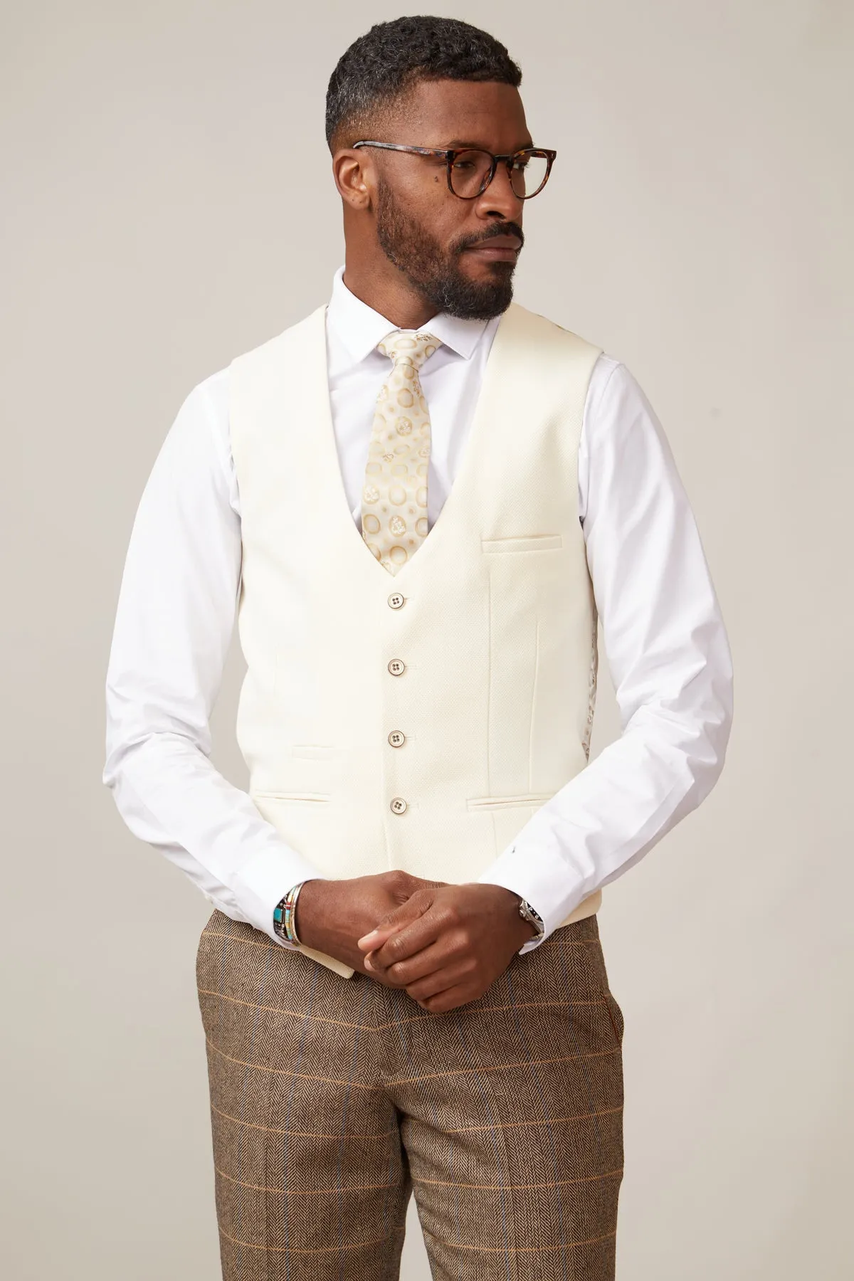 DX7 - Tan Tweed Check Suit With Kelvin Cream Waistcoat