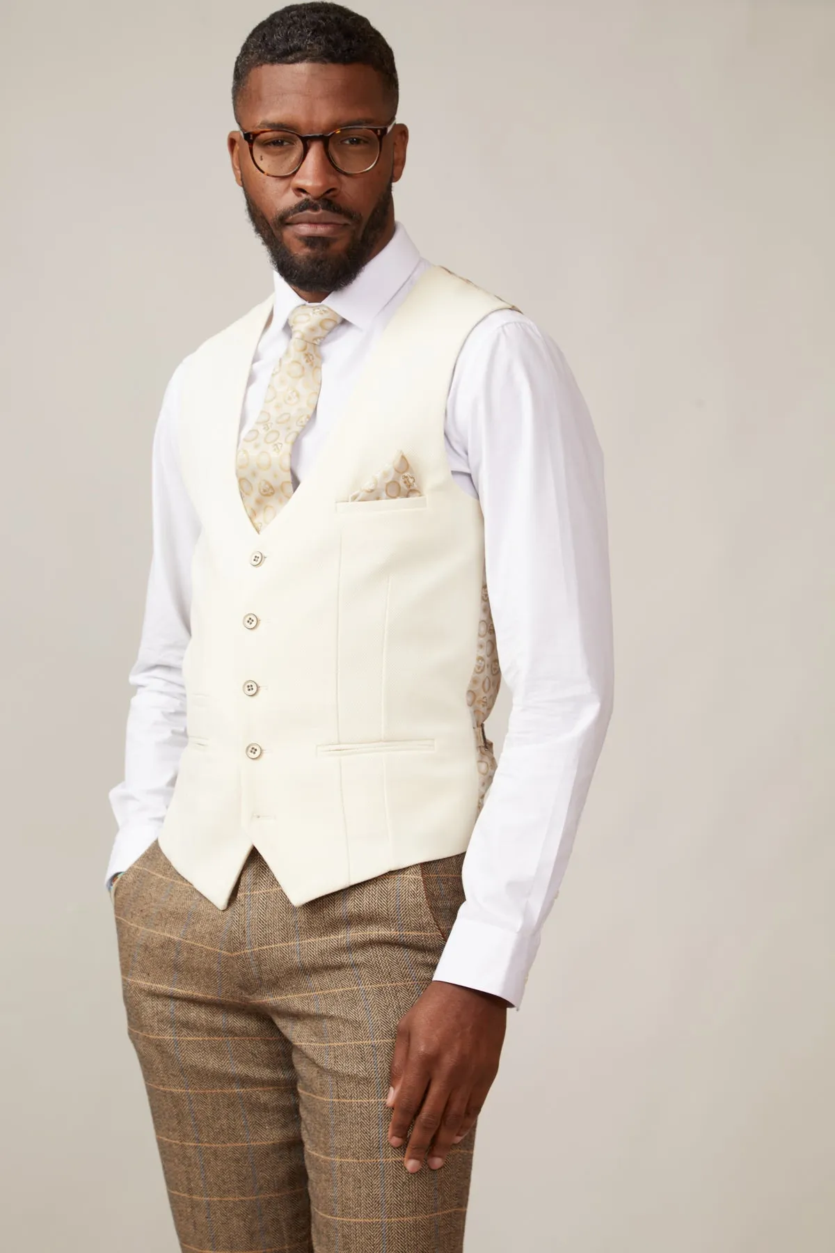 DX7 - Tan Tweed Check Suit With Kelvin Cream Waistcoat