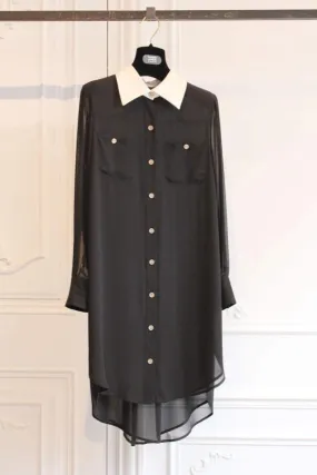 Edward Achour Black Dress with Off White Collar and Gold Buttons 437034/1772D