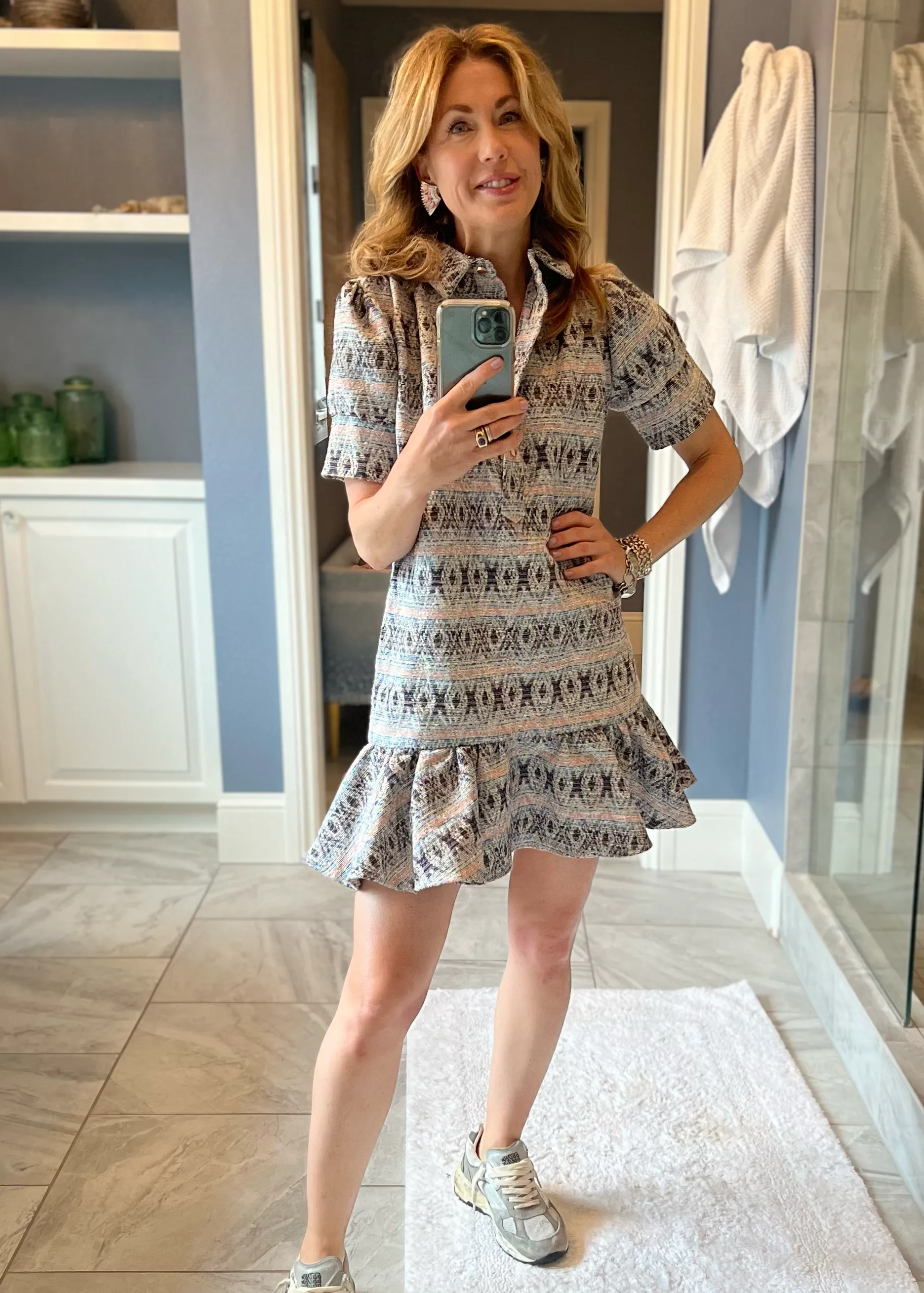 Everything Short Sleeve Dress with Ruffle - Geometric Tweed