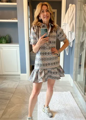 Everything Short Sleeve Dress with Ruffle - Geometric Tweed
