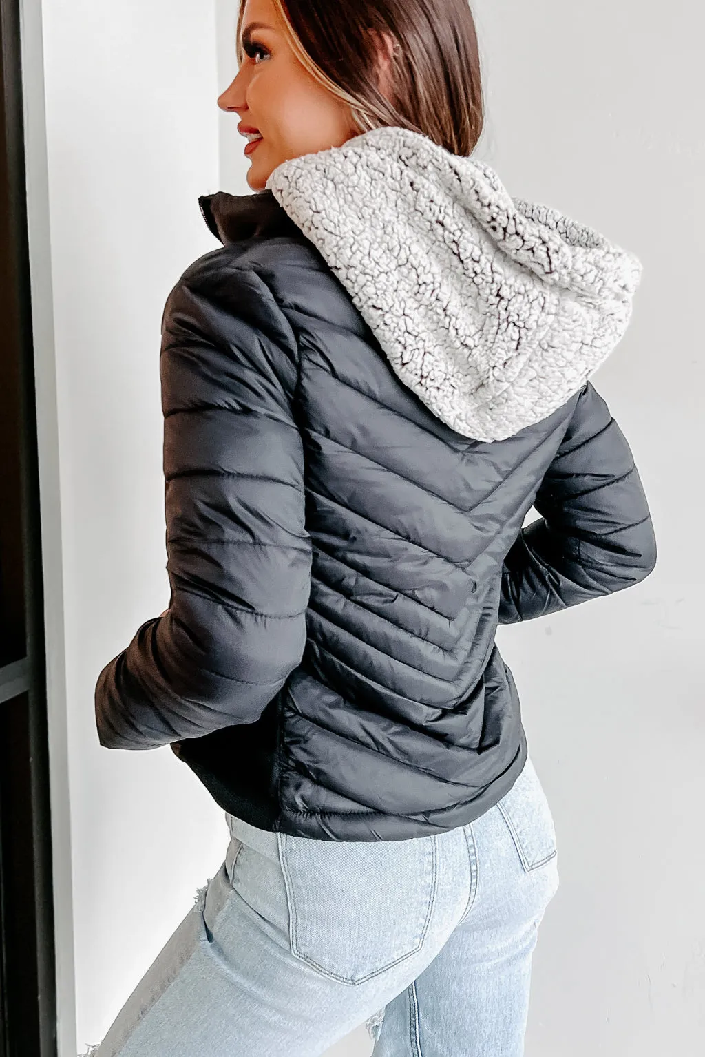 Frost Bitten Puffer Jacket With Removable Sherpa Hood (Black)