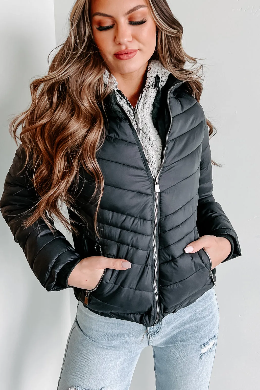 Frost Bitten Puffer Jacket With Removable Sherpa Hood (Black)
