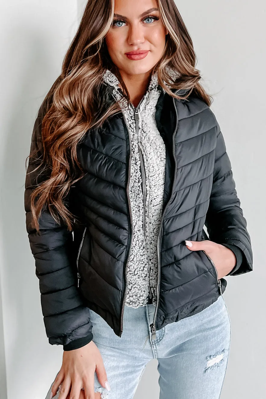 Frost Bitten Puffer Jacket With Removable Sherpa Hood (Black)