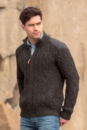 FULL ZIP ARAN CARDIGAN WITH SHOULDER PATCH DESIGN