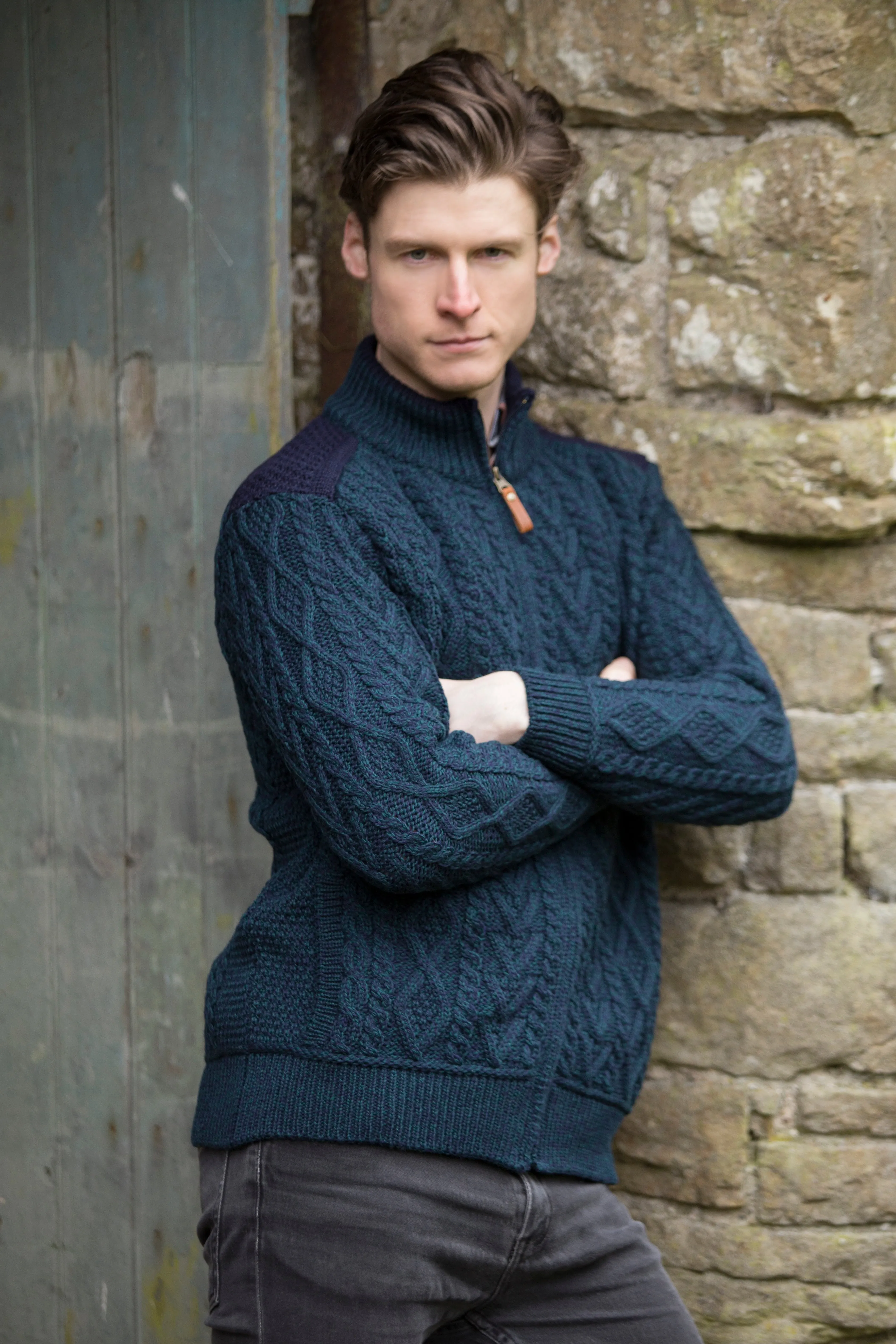 FULL ZIP ARAN CARDIGAN WITH SHOULDER PATCH DESIGN