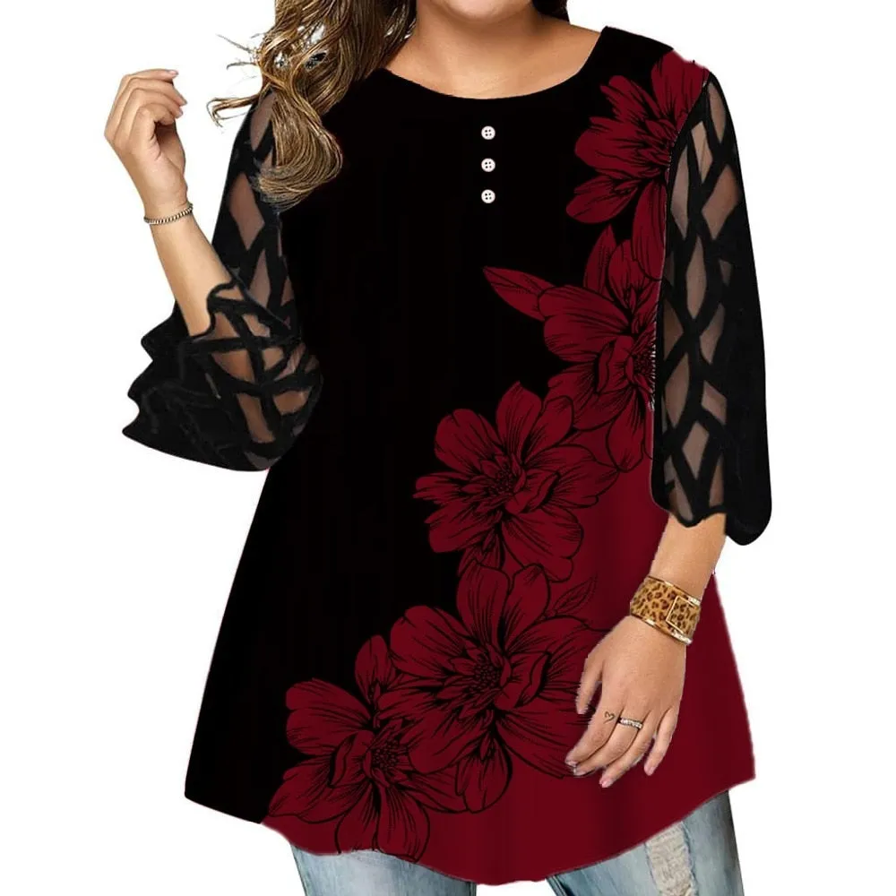 Funki Buys | Shirts | Women's Plus Size Top | Flower Print T-Shirt