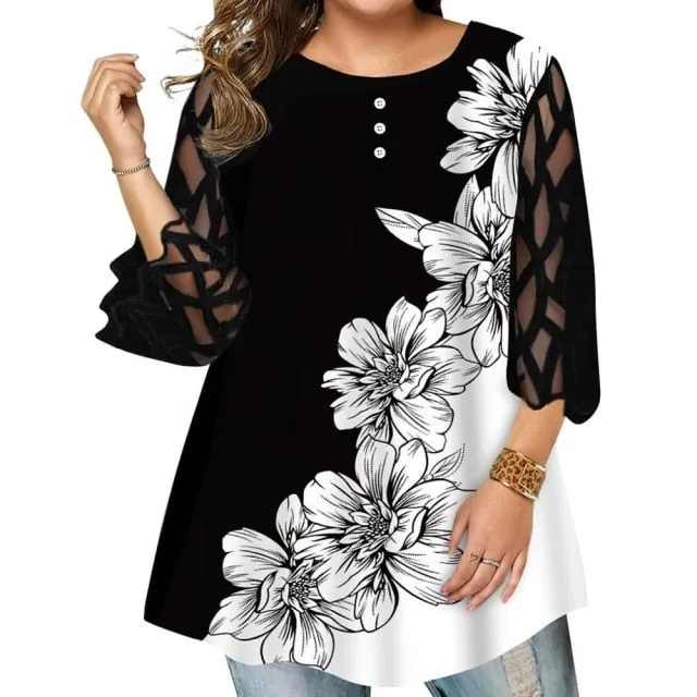 Funki Buys | Shirts | Women's Plus Size Top | Flower Print T-Shirt