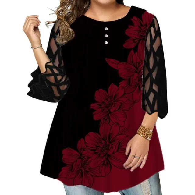 Funki Buys | Shirts | Women's Plus Size Top | Flower Print T-Shirt