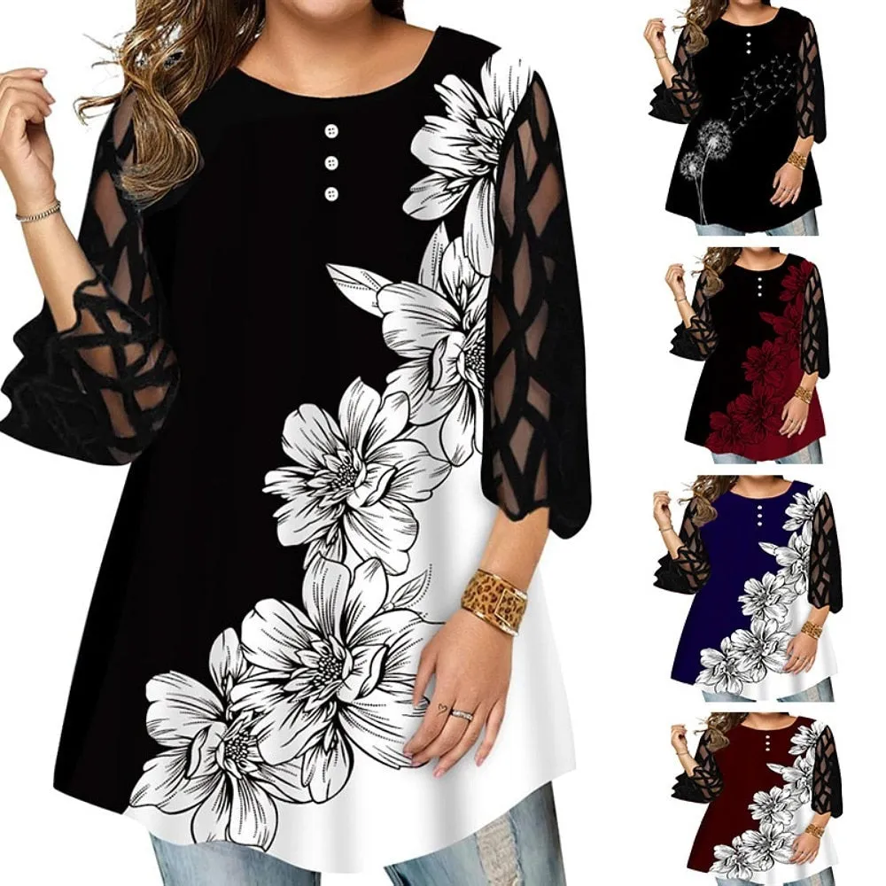 Funki Buys | Shirts | Women's Plus Size Top | Flower Print T-Shirt