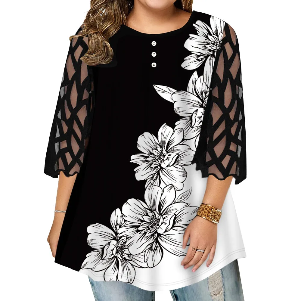 Funki Buys | Shirts | Women's Plus Size Top | Flower Print T-Shirt