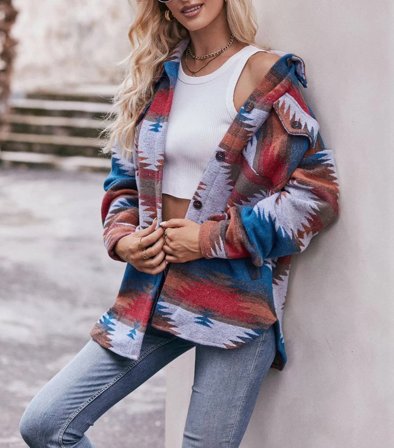 Geometric Jacket Shirt Lapel Tweed Coat